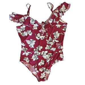 Heart Soul Pink White Floral Ruffled Cold Shoulder Surplice Bodysuit XL